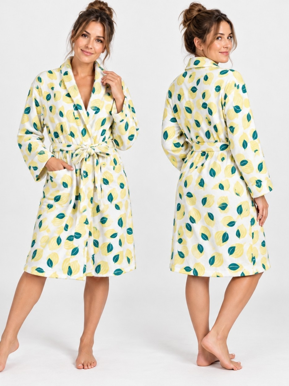 Threshold Lemon Print Cotton Bath Robe S/M Cottagecore Coastal Grandmother Lemon